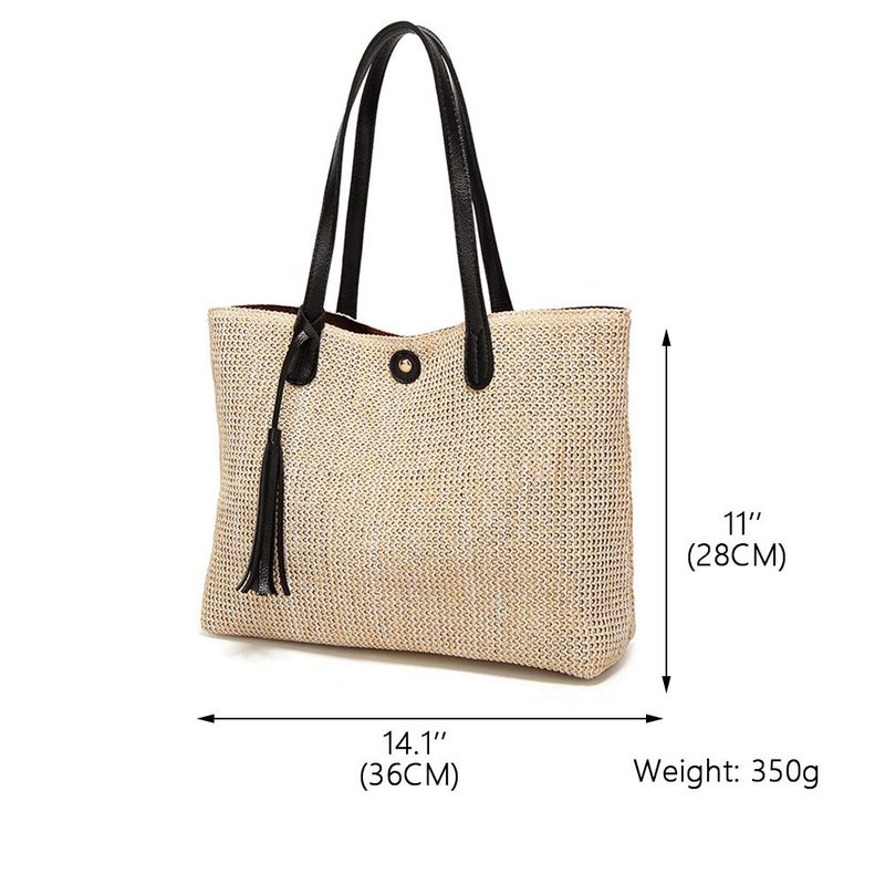 QTKJ Women Straw Summer Beach Bag Handwoven Big Tote Leather Shoulder Handbag with Tassel Decorate (Beige) - Image 2